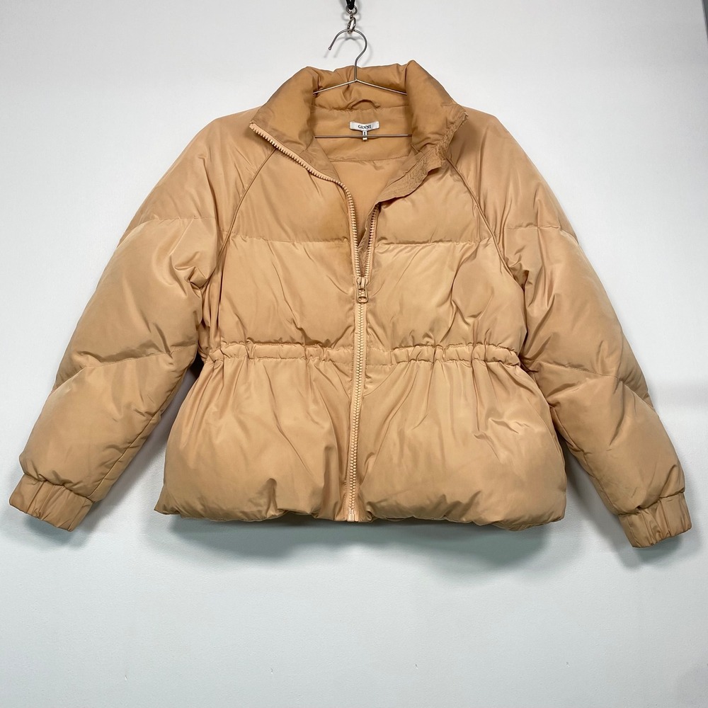 Ganni Women Puffer Jacket 36 Tan Whitman Down Quilted Cinched Waist